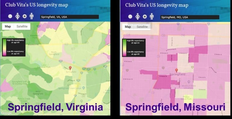 Longevity Map comparing Springfield Virginia to Springfield Missouri